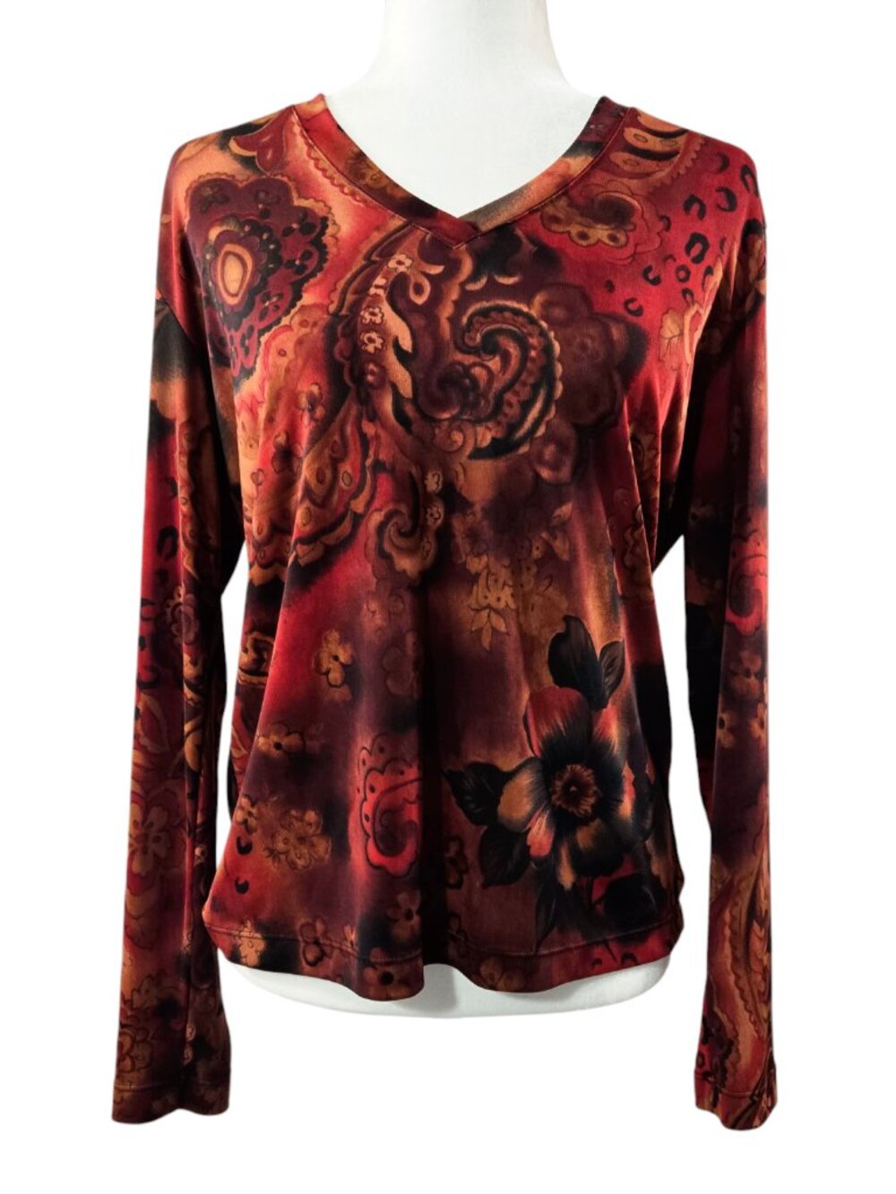 Vintage Chico's Travelers Orange Red Floral Paisley Slinky Knit Top Whimsigoth